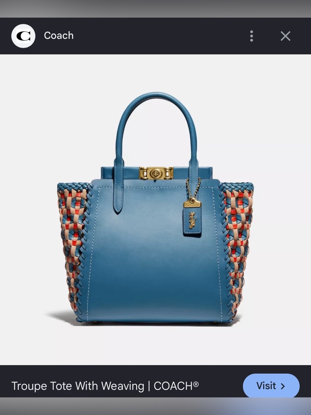 Coach Troupe Blue Leather Satchel with Coral and Cream Woven Details. NWOT